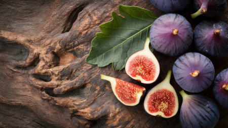 A bunch of figs and a leaf on top of some wood, AIの素材