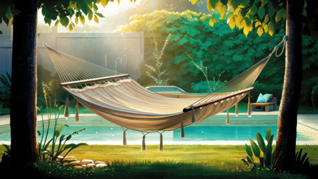 A painting of a hammock hanging in the shade by a pool, AIの素材