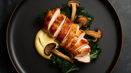 A plate of a meal with chicken and mushrooms on it, AIの素材