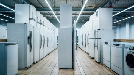 A large room with rows of white appliances and a tiled floor, AIの素材