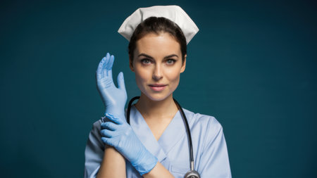 A woman in a blue scrub suit holding her hand up, AIの素材