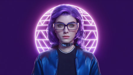 A woman with purple hair and glasses is shown in a neon circle, AIの素材