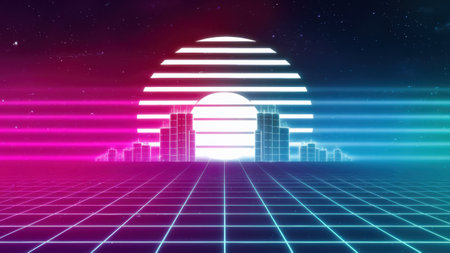 A retro style image of a door with neon lights, AIの素材