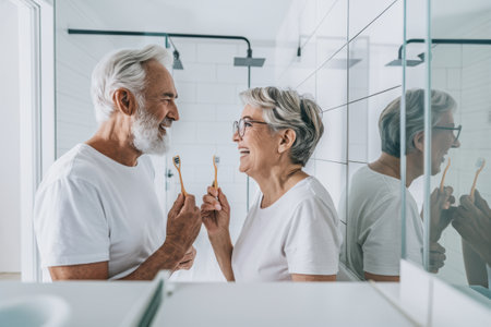 A man and woman brushing their teeth in a bathroom, AIの素材
