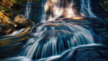 A waterfall is flowing down a rocky cliff into the water, AIの素材