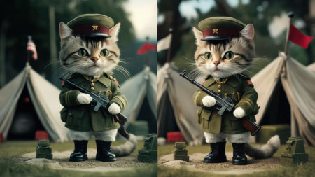 Two pictures of a cat dressed in military gear holding an assault rifle, AIの素材