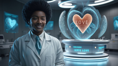 A woman in a lab coat standing next to an image of love, AIの素材