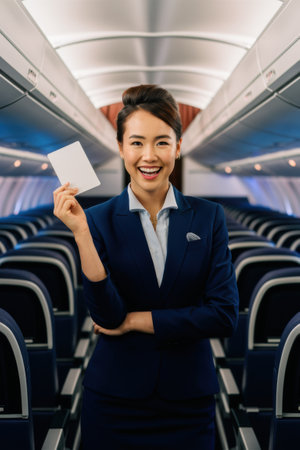 A woman in a business suit holding up an airplane boarding pass, AIの素材
