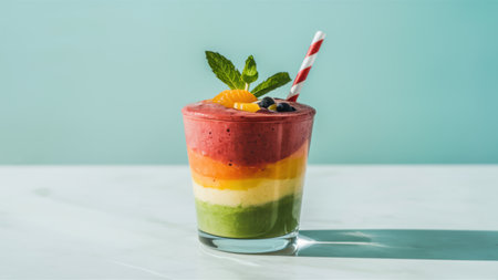A colorful smoothie with a straw and orange, green, blue and red fruit, AIの素材