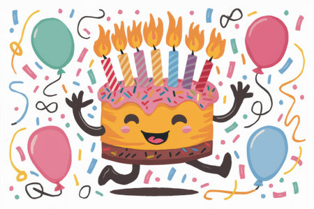 A cartoon cake with candles and balloons flying around it, AIの素材