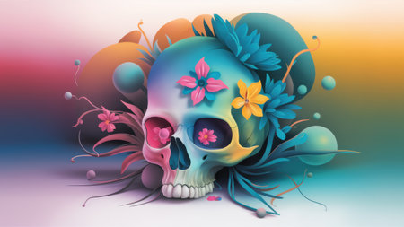 A colorful digital painting of a skull with flowers on it, AIの素材