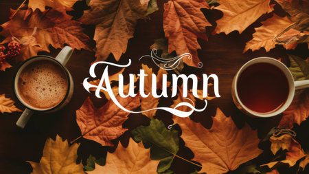 Two cups of coffee are sitting on a table with leaves, AIの素材