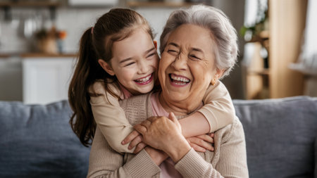 A young girl hugging an older woman on a couch, AIの素材
