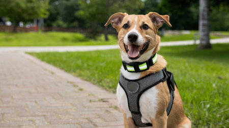 A dog wearing a harness sitting on the grass in front of brick walkway, AIの素材