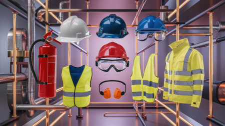 A bunch of safety gear is arranged in a room, AIの素材