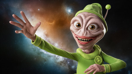 A cartoon alien with a green outfit and hat waving his hand, AIの素材