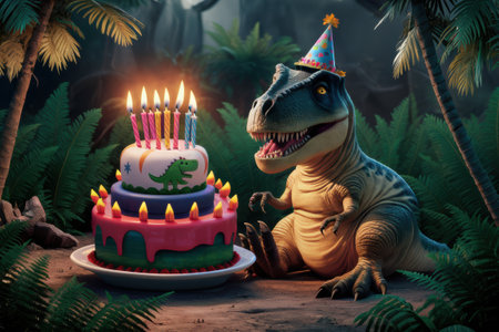 A t-rex with a birthday hat sitting next to a cake, AIの素材