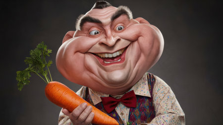 A large man with a big smile holding up a carrot, AIの素材