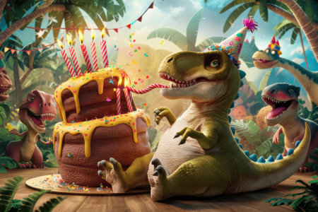 A dinosaur is sitting next to a birthday cake with candles, AIの素材