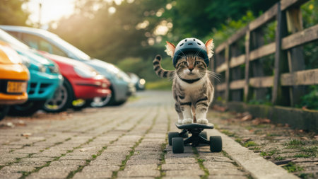 A cat wearing a helmet riding on top of a skateboard, AIの素材