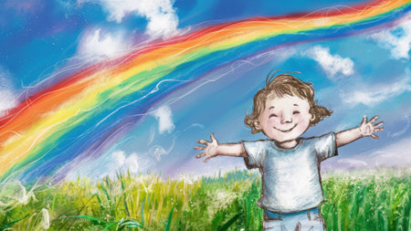 A drawing of a child standing in the grass with arms outstretched, AIの素材