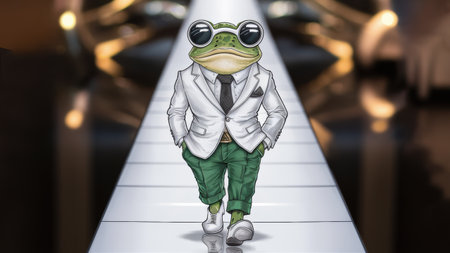 A frog in a suit and tie walking down the runway, AIの素材