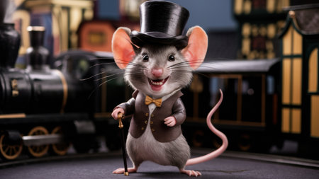 A cartoon mouse in top hat and suit holding a cane, AIの素材