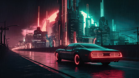 A generic synthwave car driving down a city street at night with neon lights, AIの素材