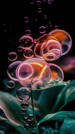 A close up of bubbles on a plant with some leaves, AIの素材