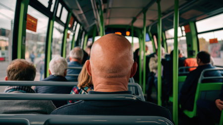 A bald man sitting on a bus with other people, AIの素材