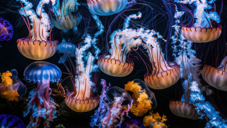 A group of jellyfish swimming in a dark blue ocean, AIの素材
