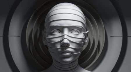 A close up of a white face with wires coming out, AIの素材