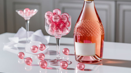 A bottle of wine and a glass with some pink beads, AIの素材