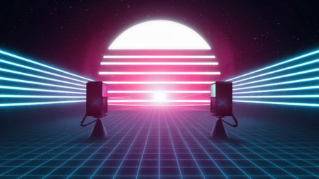 A futuristic looking room with two old style phones and a glowing light, AIの素材