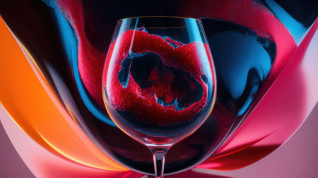 A glass of wine with red liquid in it on a colorful background, AIの素材