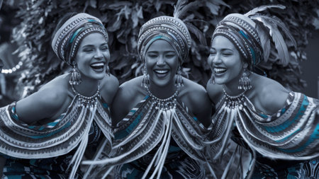 Three women in traditional dress smiling and laughing together, AIの素材