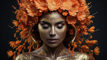 A woman with a flower crown on her head and gold paint, AIの素材
