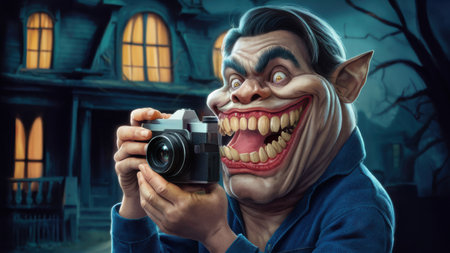 A man with a creepy smile holding up an old fashioned camera, AIの素材