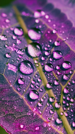A close up of a purple leaf with water droplets on it, AIの素材