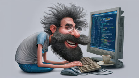 A cartoon character with a big beard and glasses sitting at the computer, AIの素材