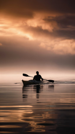 A man in a canoe paddling on the water at sunset, AIの素材