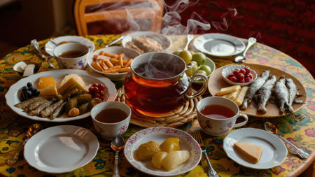 A table with a tea pot and plates of food on it, AIの素材