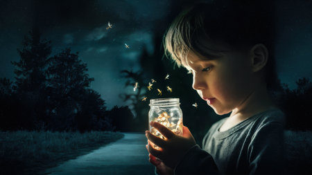 A young boy holding a jar with fireflies inside of it, AIの素材