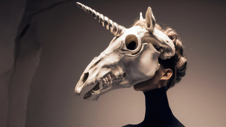 A woman with a unicorn head mask on her face, AIの素材