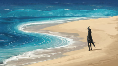 A drawing of a person with a surfboard standing on the beach, AIの素材