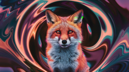 A fox is shown in a psychedelic swirl of colors, AIの素材