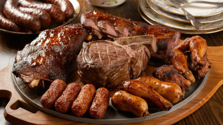 A plate of meat and other food on a table with plates, AIの素材