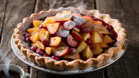 A close up of a pie with fruit on top and coffee, AIの素材