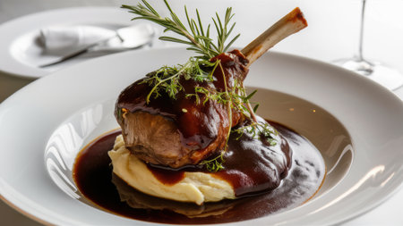 A plate of a white bowl with meat and gravy on it, AIの素材