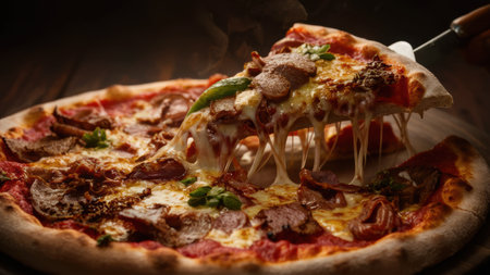 A pizza being sliced with a fork and knife on top of it, AIの素材